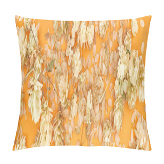 Personality  Panoramic Shot Of Scattered Dry Hops Near Petals On Yellow Background Pillow Covers