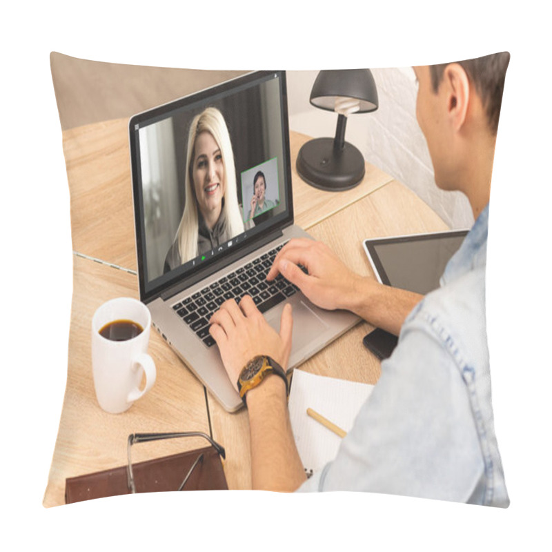 Personality  View over businessman shoulder at laptop where four multiracial colleagues engaged at group meeting on-line, video conference call communicating by webcam, distant webinar, online negotiations concept pillow covers