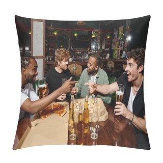 Personality  Happy Multiethnic Friends Joking, Gesturing And Chatting Over Pizza With Beer, Men On Bachelor Party Pillow Covers