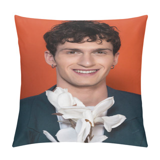 Personality  Portrait Of Smiling Young Man Looking At Camera Near Blooming Magnolia Isolated On Red  Pillow Covers
