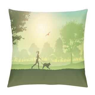 Personality  Female Jogging With Dog In Countryside Pillow Covers