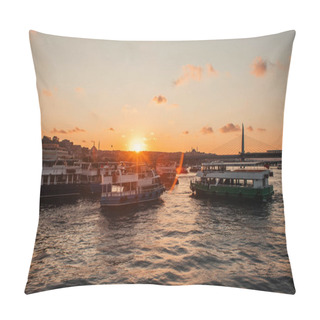 Personality  Boats In Sea With Sunset Sun And Golden Horn Metro Bridge At Background, Istanbul, Turkey  Pillow Covers