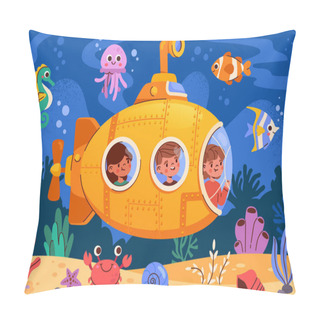 Personality  Submarine Under Sea Concept. Small Inquisitive Children On Bathyscaphe Explore Underwater World, Flora And Fauna. Smiling Boys And Girls Look At Fish And Algae, Cartoon Flat Vector Illustration. Pillow Covers
