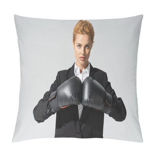 Personality  Serious Businesswoman In Formal Wear And Boxing Gloves Looking At Camera Isolated On Grey Pillow Covers