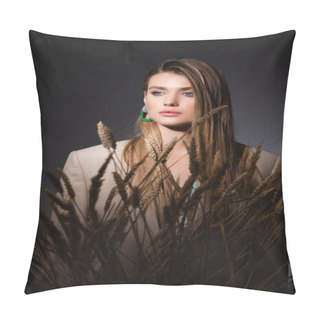 Personality  Young Woman Standing Near Wheat Spikelets On Dark Grey Background Pillow Covers