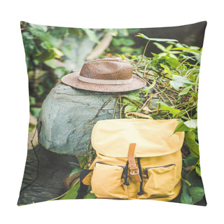Personality  Vintage Yellow Backpack And Straw Hat On Rock In Jungle Pillow Covers