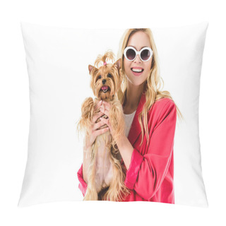 Personality  Blonde Woman In Pink Clothes Holding Cute Dog Isolated On White Pillow Covers
