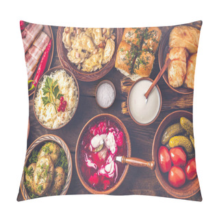 Personality  Traditional Ukrainian Dishes In Clay Pots - Borsch With Sour Cream, Baked Potatoes, Garlic Pampushki, Sauerkraut, Lard, Canned Tomatoes And Cucumbers, Mushrooms. Pillow Covers