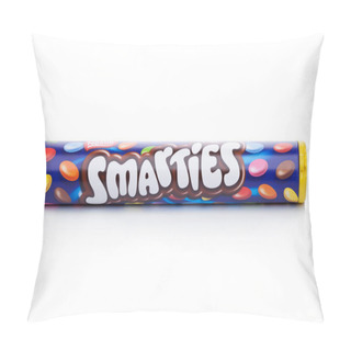 Personality  LONDON, UK -DECEMBER 07, 2017: Smarties Chocolate Sweets Tube On White. Manufactured By Nestle. Pillow Covers