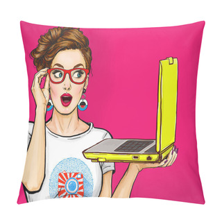 Personality  Girl With Laptop In The Hand In Comic Style. Woman With Notebook.Girl In Glasses. Hipster Girl. Digital Advertisement. Pillow Covers