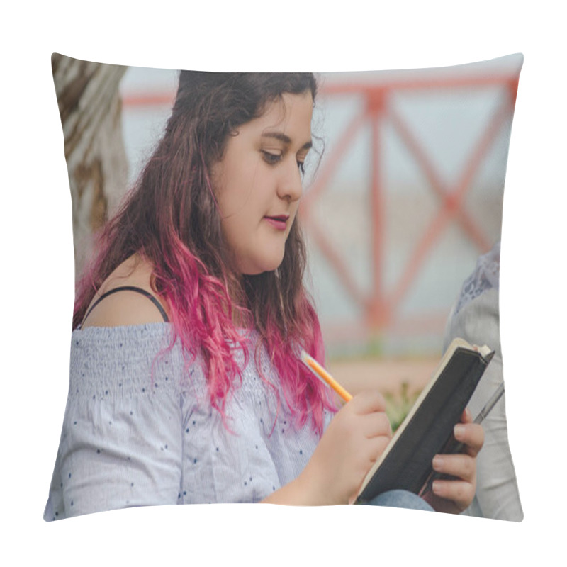 Personality  Portrait Of A Beautiful Chubby Woman Writing Notes In Her Notebook Pillow Covers