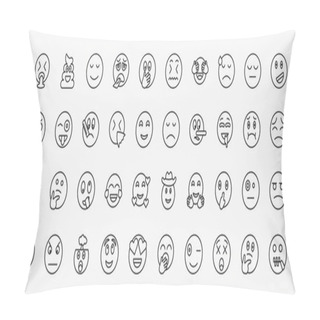 Personality  Set Of 40 Emoji Icons In Outline Style. Thin Line Icons Such As Puking Emoji, Calm Emoji, Dissapointment Proud Ill Disappointed Drool Stupid Shushing Exploding Head Dizzy Wondering Editable Vector. Pillow Covers