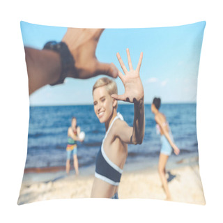 Personality  Partial View Of Smiling Woman Giving High Five To Man While Multicultural Friends Playing Volleyball On Beach Pillow Covers