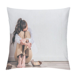 Personality  Upset Woman Sitting On Floor And Holding Photo Near White Wall At Home, Grieving Disorder Concept Pillow Covers