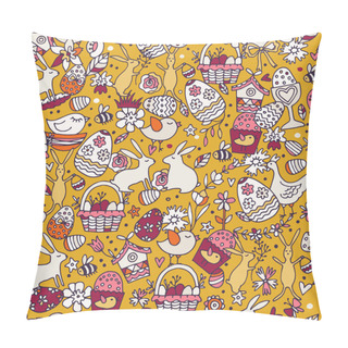 Personality  Cartoon Vector Hand Drawn Doodle Happy Easter Illustration. Seamless Pattern. Pillow Covers