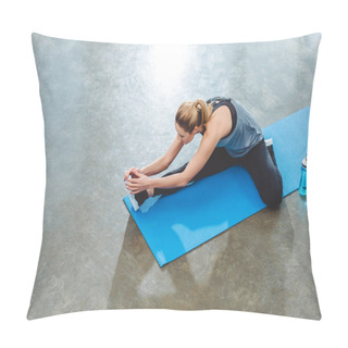 Personality  High Angle View Of Young Sportswoman Exercising On Yoga Mat In Fitness Studio Pillow Covers