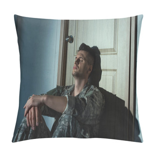 Personality  Military Veteran With Mental Disorder Sitting Near Door At Home At Night  Pillow Covers