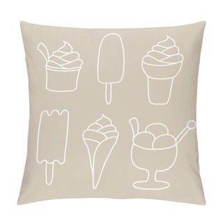 Personality  Set Of Ice-cream Isolated On Light Beige Background. Summer Food. White Line Illustration. Sweet Frozen Desserts. Pillow Covers