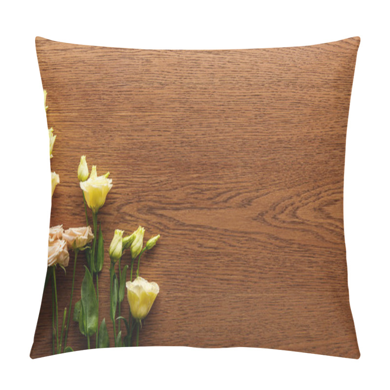 Personality  top view of blooming eustoma flowers on wooden background pillow covers