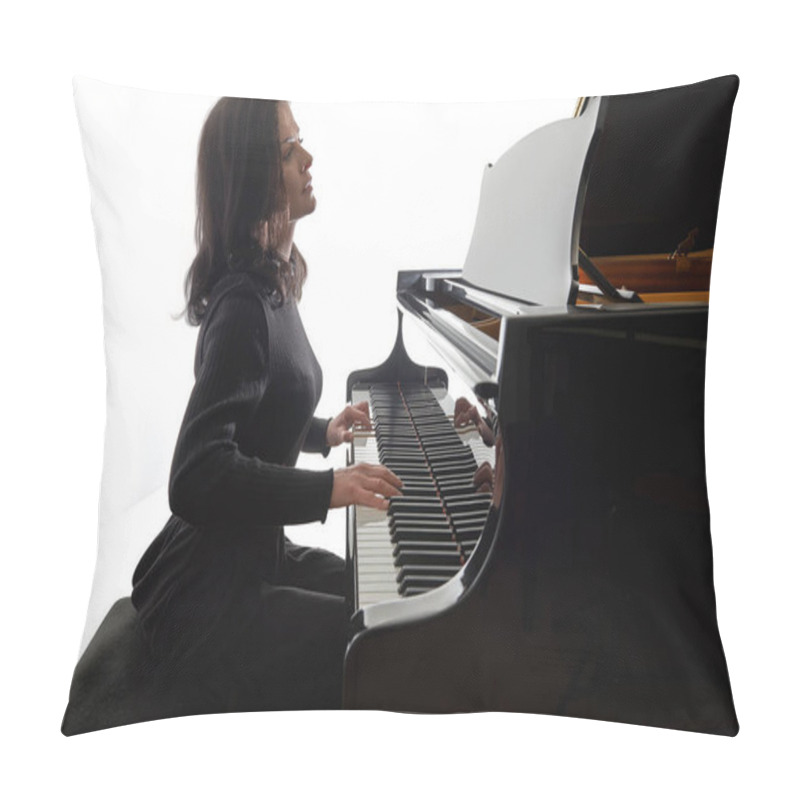 Personality  Young musician plays the grand piano, silhouette image isolated on white background pillow covers