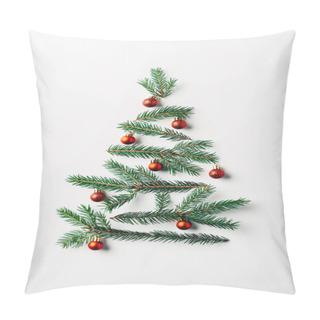 Personality  Top View Of Pine Branches Arranged In Christmas Tree With Toys On White Background Pillow Covers