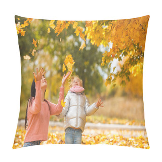 Personality  Cheerful Girls Playing With Yellow Leaves. Happy Mother And Little Child In The Fall Time Having Fun Pillow Covers