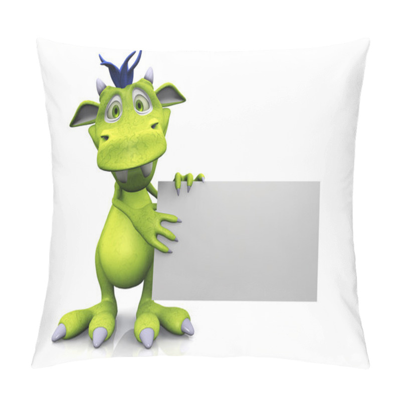 Personality  Cute cartoon monster holding blank sign. pillow covers