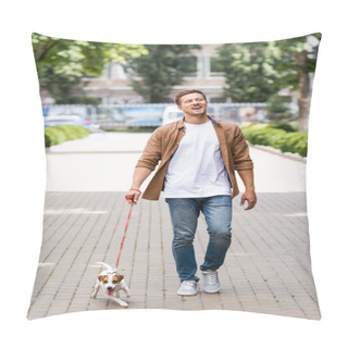 Personality  Young Man In Jeans Walking Along City Alley With Jack Russell Terrier Dog On Leash Pillow Covers