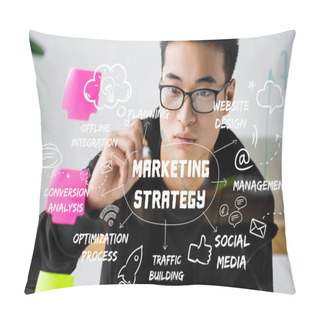 Personality  Asian Seo Manager Writing On Glass With Illustration Of Concept Words Of Marketing Strategy  Pillow Covers