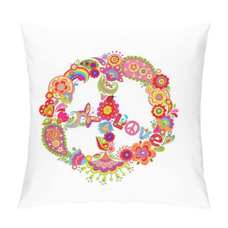 Personality  Peace Flower Symbol With Paisley And Abstract Colorful Flowers Pillow Covers