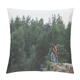 Personality  Couple With Hiking Sticks Standing On Rocky Cliff  Pillow Covers