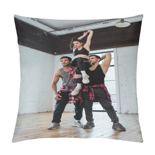 Personality  Strong Multicultural Men Holding Attractive Woman While Posing In Dance Studio  Pillow Covers