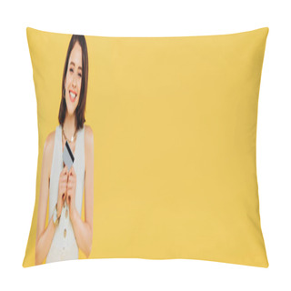 Personality  Panoramic Shot Of Smiling Elegant Girl Holding Credit Card Isolated On Yellow Pillow Covers