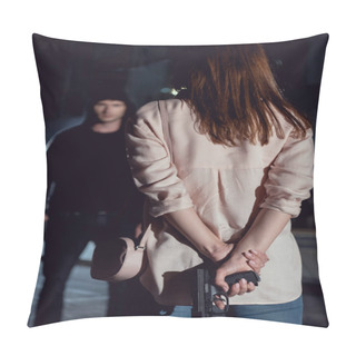 Personality  Back View Of Woman Hiding Gun Behind Back Near Thief At Night Pillow Covers