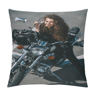 Personality  Curly Woman Sitting On Chopper Motorbike With Helmet On Urban Parking Pillow Covers