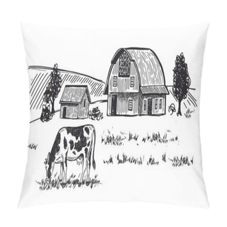 Personality  Cows Chew Grass, Hand Drawn Illustrations. Dairy Farm, Vector. Pillow Covers
