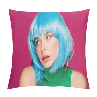 Personality  Attractive Girl Posing In Blue Wig, Isolated On Pink Pillow Covers