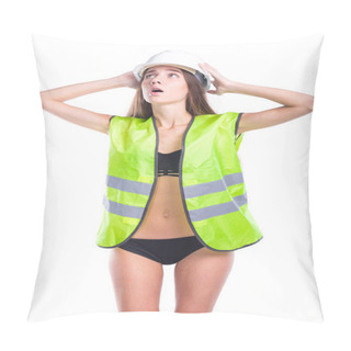 Personality  Hot Brunette Girl In Bikini And Building Helmet Pillow Covers