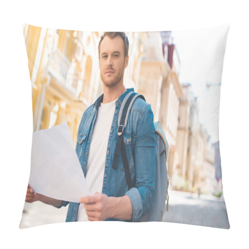 Personality  Handsome Young Tourist With Backpack And Map Looking At Camera On Street Pillow Covers