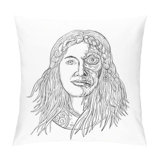 Personality  Drawing Sketch Style Illustration Of  Face Of Norse Goddess, Hel With Face Half Skeleton And Half Flesh With  Gloomy, Downcast Appearance Viewed From Front On Isolated White Background In Black And White. Pillow Covers