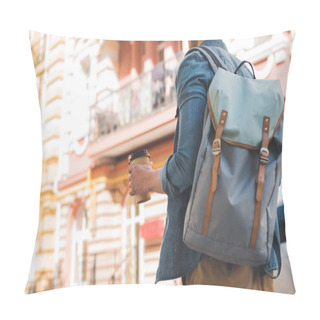 Personality  Cropped Shot Of Young Man With Backpack And Coffee To Go Walking By Street Pillow Covers