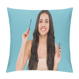 Personality  Happy Woman Holding Mascara And Smiling Isolated On Blue  Pillow Covers