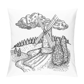Personality  Windmill Country Landscape Engraving Style Vector Pillow Covers