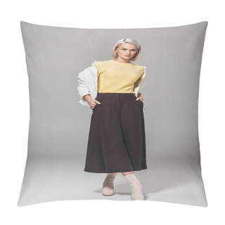 Personality  Serious Young Female Model In Stylish Autumn Outfit Posing With Hands In Pockets On Grey Background Pillow Covers