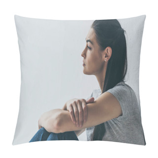 Personality  Side View Of Beautiful Frustrated Brunette Girl Sitting And Looking Away On Grey  Pillow Covers