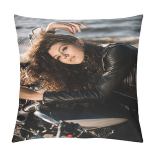 Personality  Attractive Young Woman Sitting On Motorbike Pillow Covers