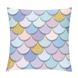Personality  Mermaid Tail Seamless Pattern With Gold Glitter Elements. Colorful Fish Skin Background. Trendy Pastel Pink And Purple Colors. For Print And Web. Vector Pillow Covers