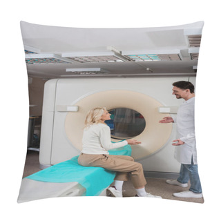 Personality  Side View Of Positive Doctor And Patient Talking And Gesturing Near Computed Tomography Scanner In Clinic Pillow Covers