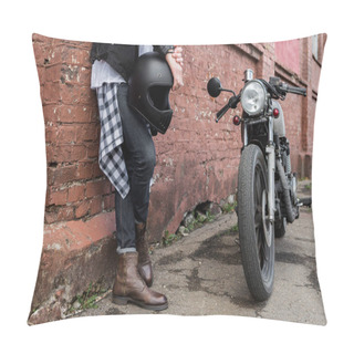 Personality  Brutal Man Near His Cafe Racer Custom Motorbike. Pillow Covers
