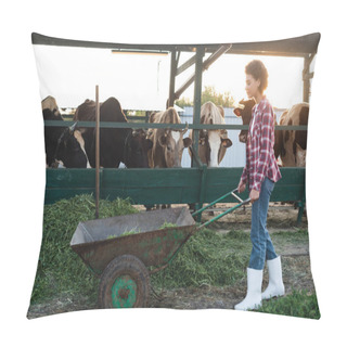 Personality  Side View Of African American Farmer With Wheelbarrow Near Hay And Cowshed Pillow Covers